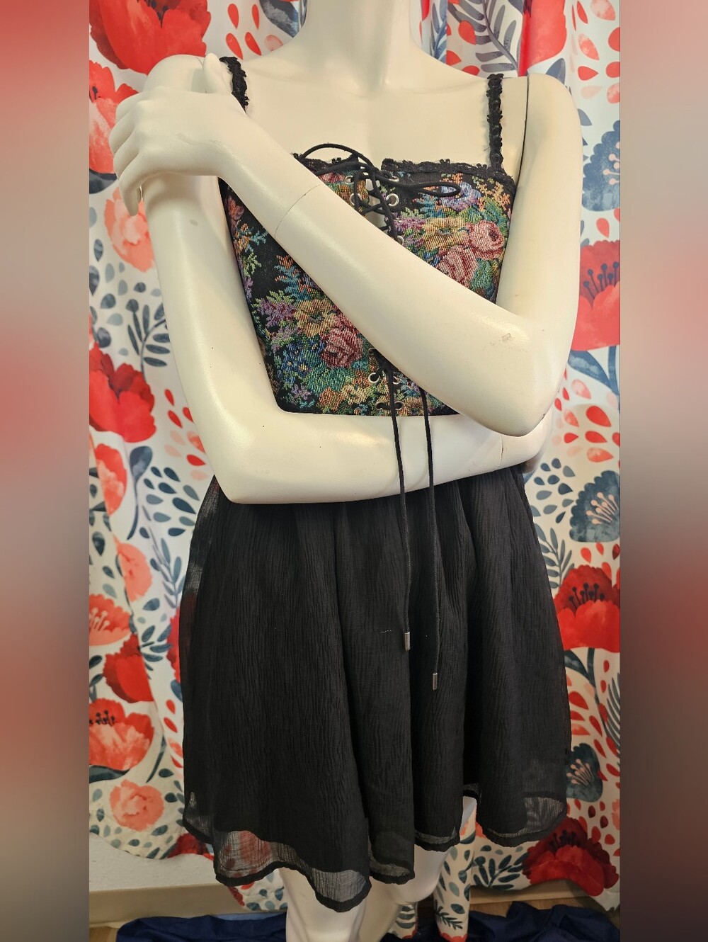 Floral Embroidered Lace-Up Black Dress - Picture 3 of 6